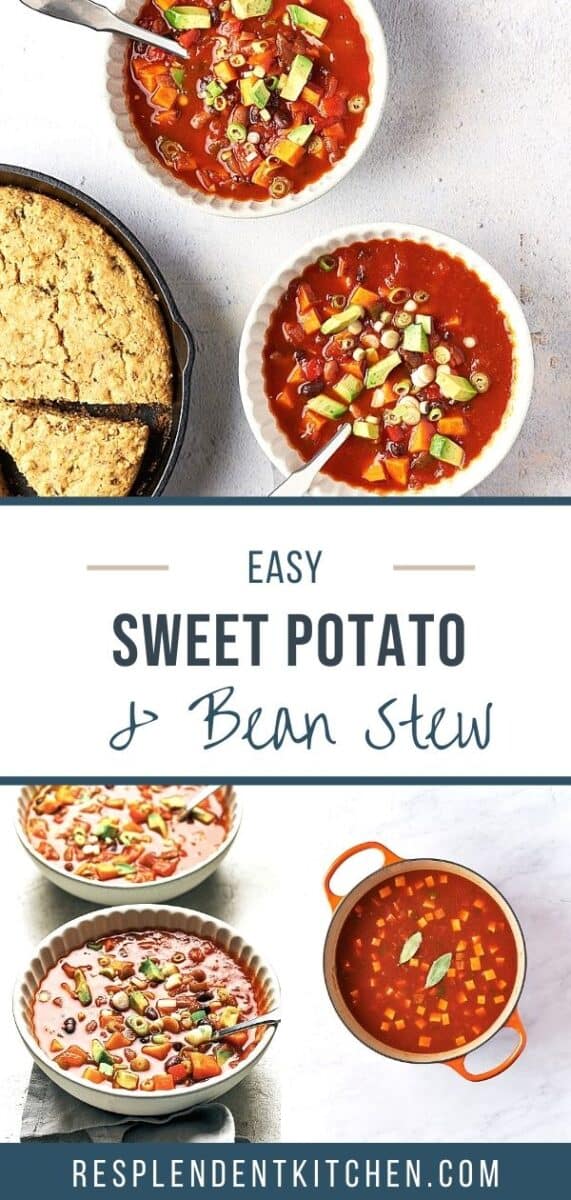Pin for vegan sweet potato and bean stew recipe