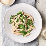 Bowl of Vegan Asparagus Mushroom Pasta.