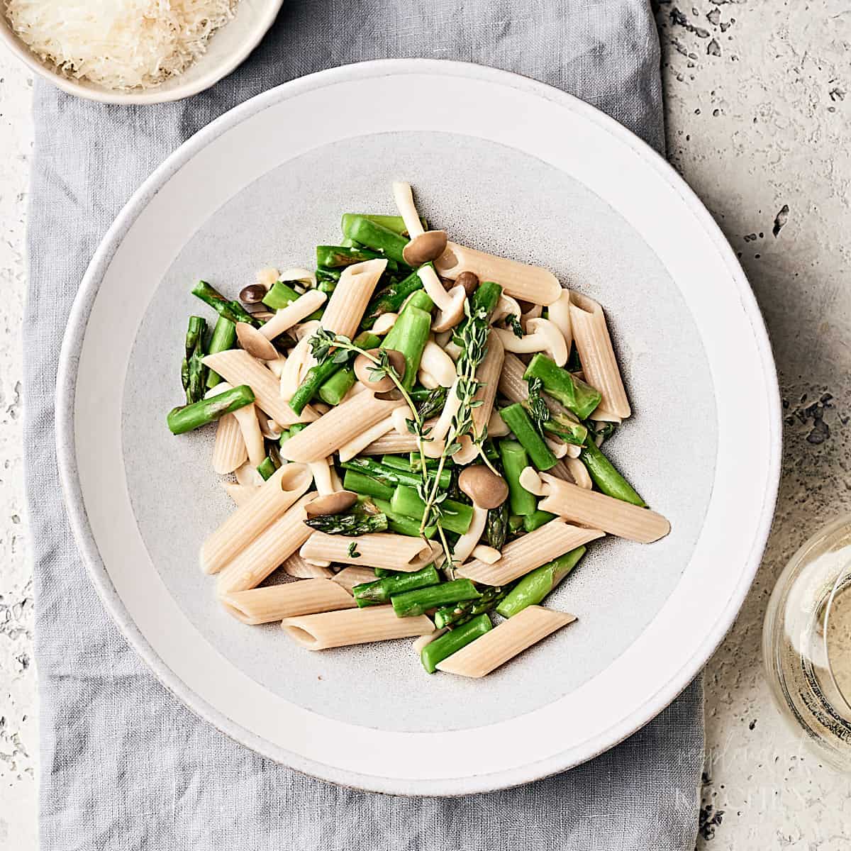 Bowl of Vegan Asparagus Mushroom Pasta.