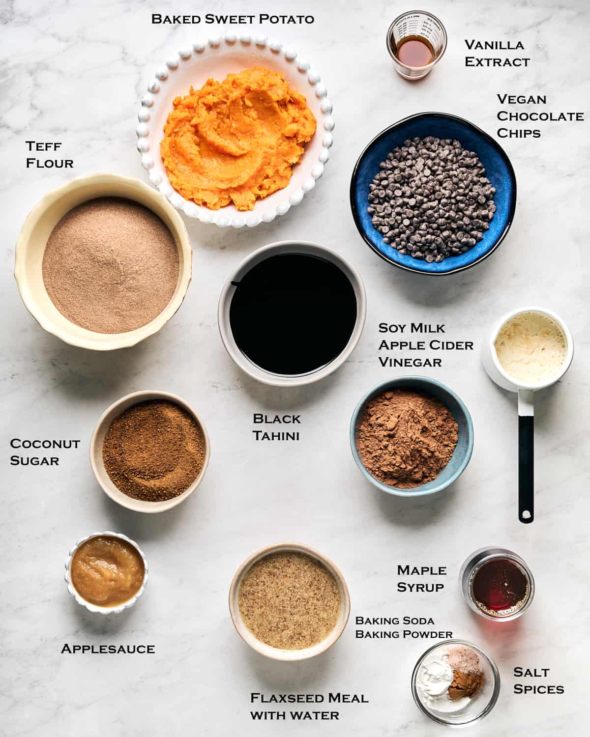 Ingredients to make vegan chocolate sweet potato muffins