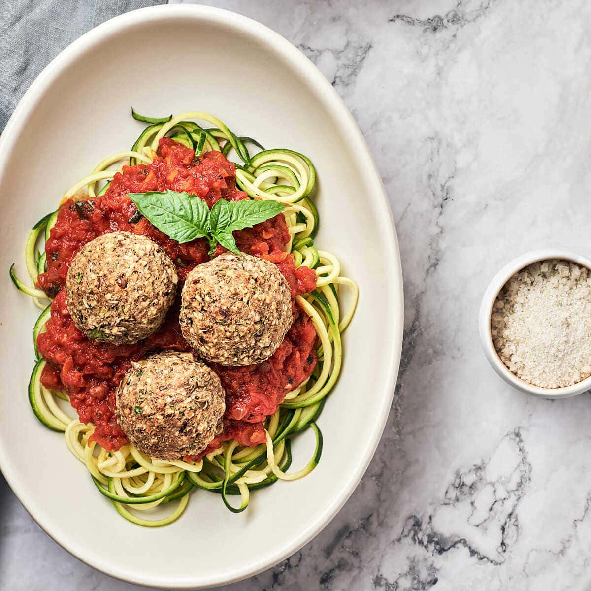Top view of vegan meatballs on plate