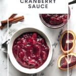 Pin for easy vegan cranberry orange sauce with gin