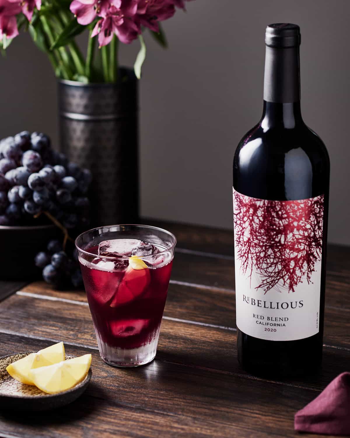 Side view of a red wine spritzer made with Rebellious Red Blend.