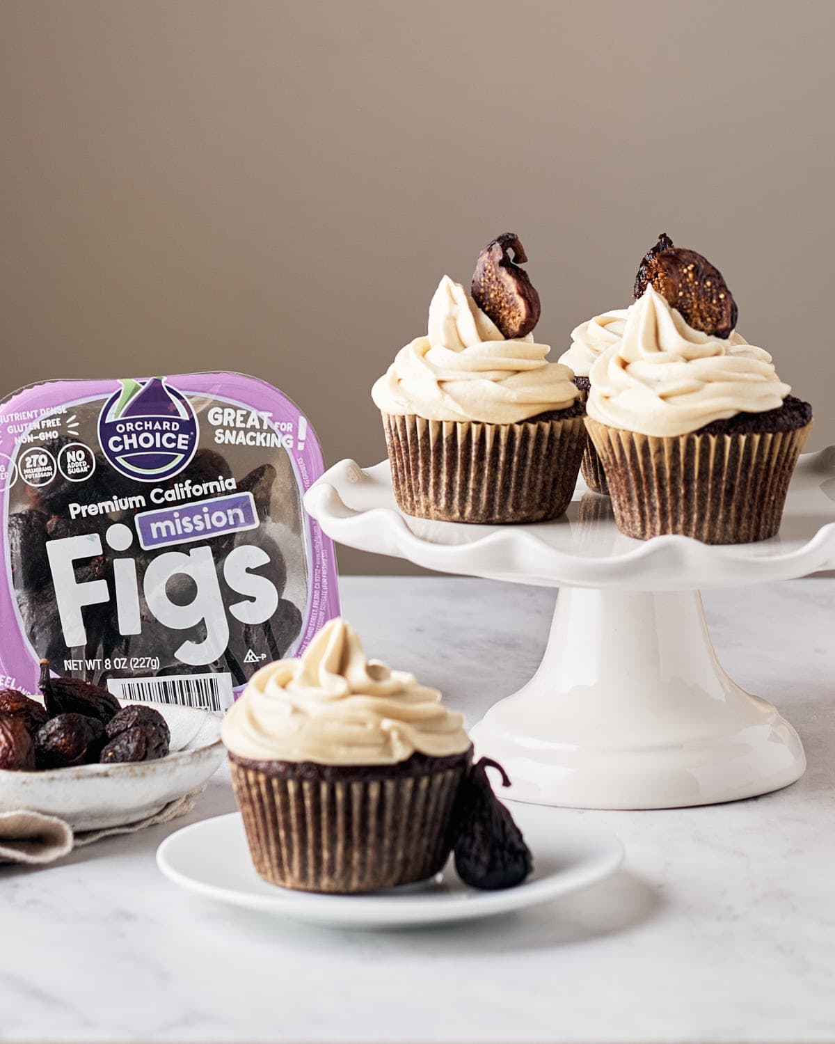 sideview of vegan chocolate fig cupcakes