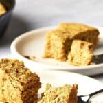 Pin for a recipe for Vegan Skillet Cornbread with green chile.