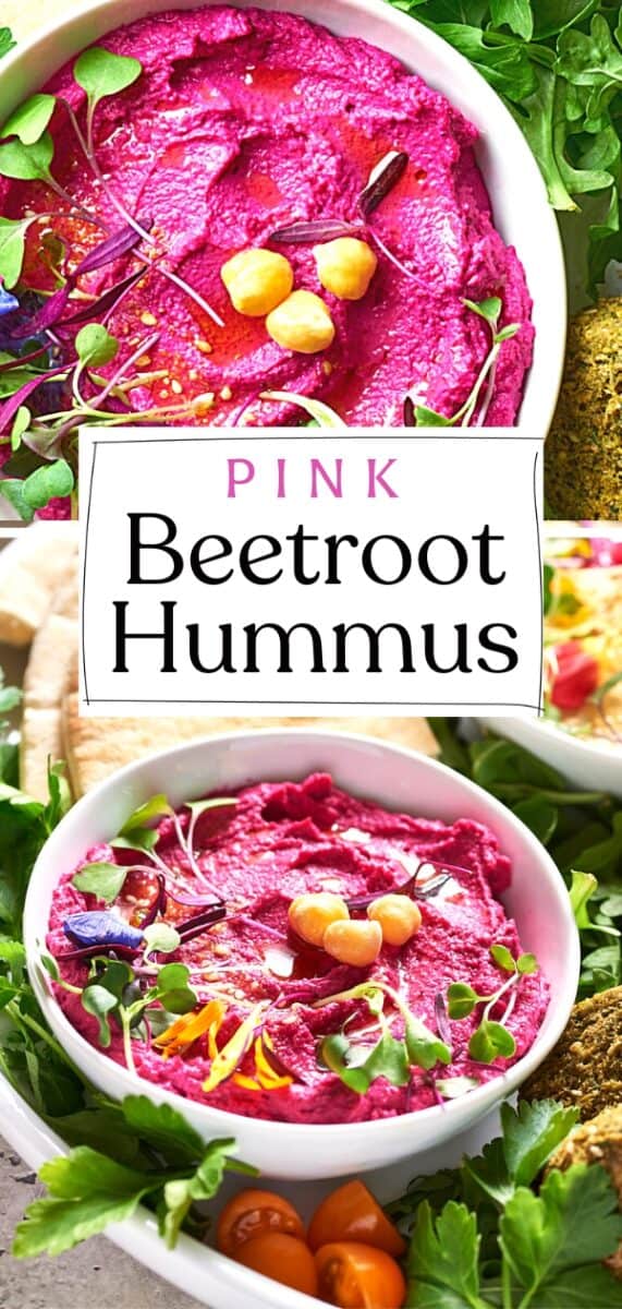 Pin for Easy Pink Beetroot Hummus recipe.