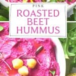 Pin for Pink Roasted Beetroot Hummus recipe on Resplendent Kitchen blog.