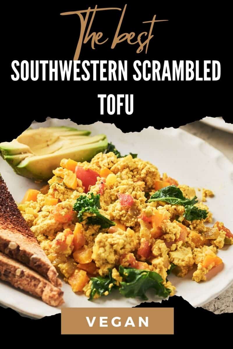 pin of Mexican tofu scramble on plate with toast and avocado