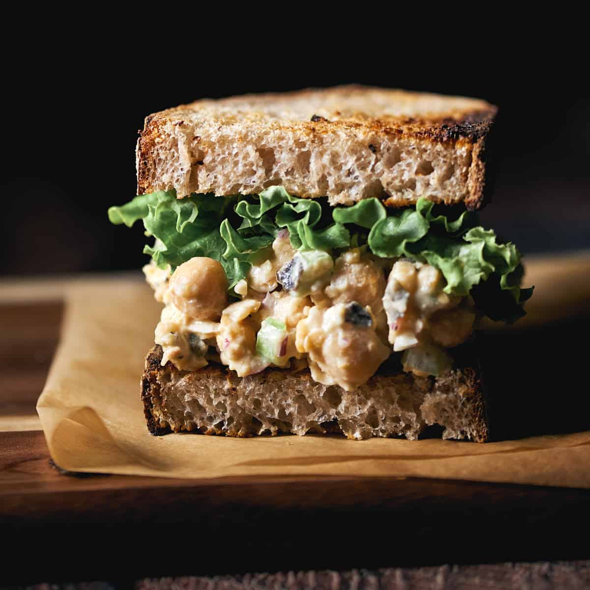 Close up of healthy lunch vegan chickpea tuna salad sandwich.