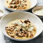 side view of vegan creamy polenta with roasted mushrooms