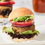 Side view of lentil and black bean burger on white plate.