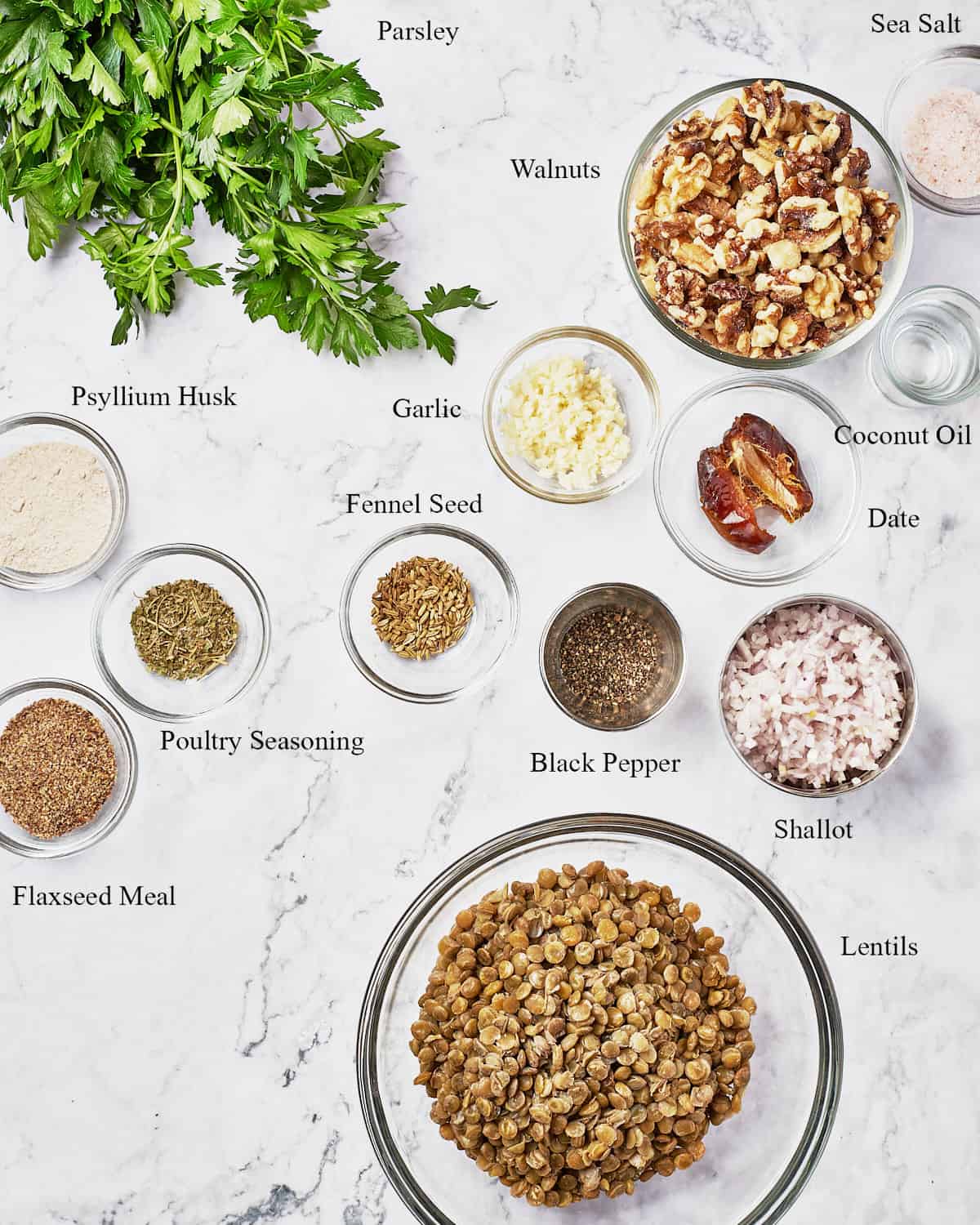 Ingredients to make easy vegan meatballs recipe.