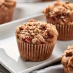 Vegan Strawberry Rhubarb Muffins on a white platter