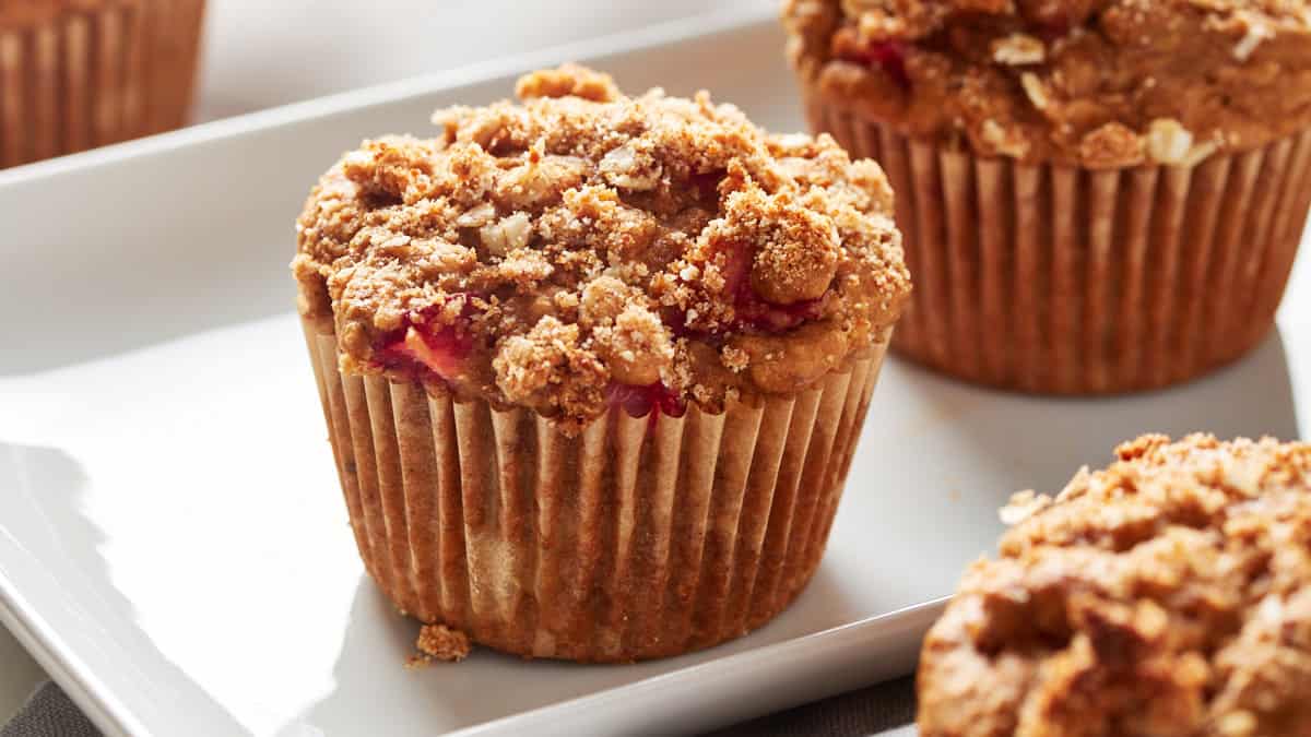Side view of strawberry rhubarb vegan muffins
