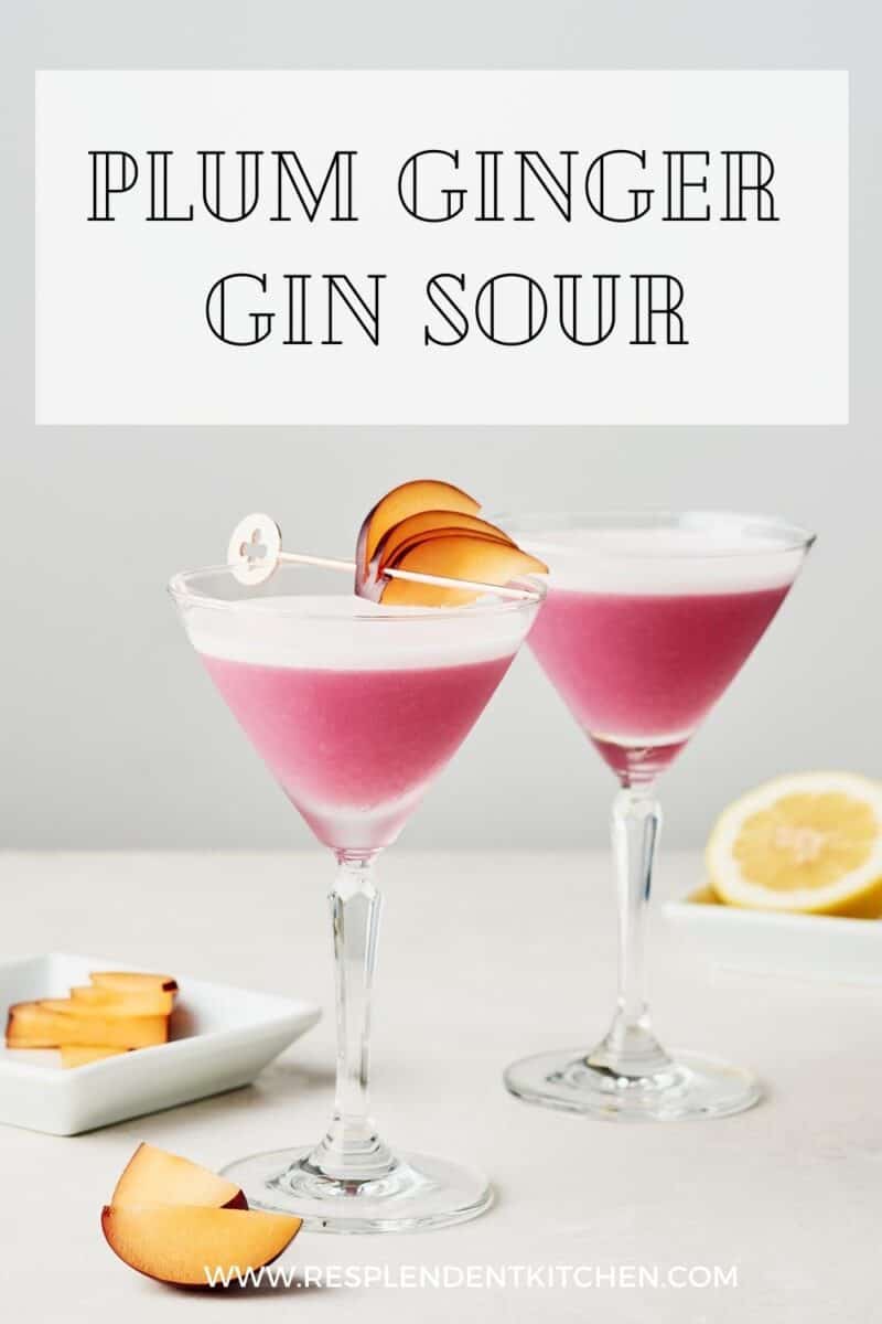 Pin for Plum Ginger Gin Sour Recipe on Resplendent Kitchen blog.
