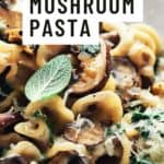 Pin for vegan Creamy Mushroom pasta recipe with garlic.