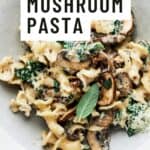 Pin for vegan creamy mushroom pasta recipe.