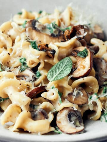 Closeup side view of vegan creamy mushroom pasta with sage left accent.