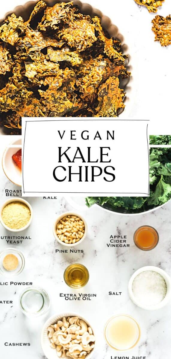 Pin for vegan cheesey kale chips with nutritional yeast.