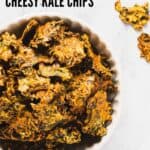 Pin for Vegan Cheesy Kale Chips with nutritional yeast.