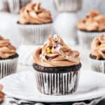 Side view of Vegan Chocolate Fig Cupcakes with Vegan Chocolate Irish Cream Frosting.
