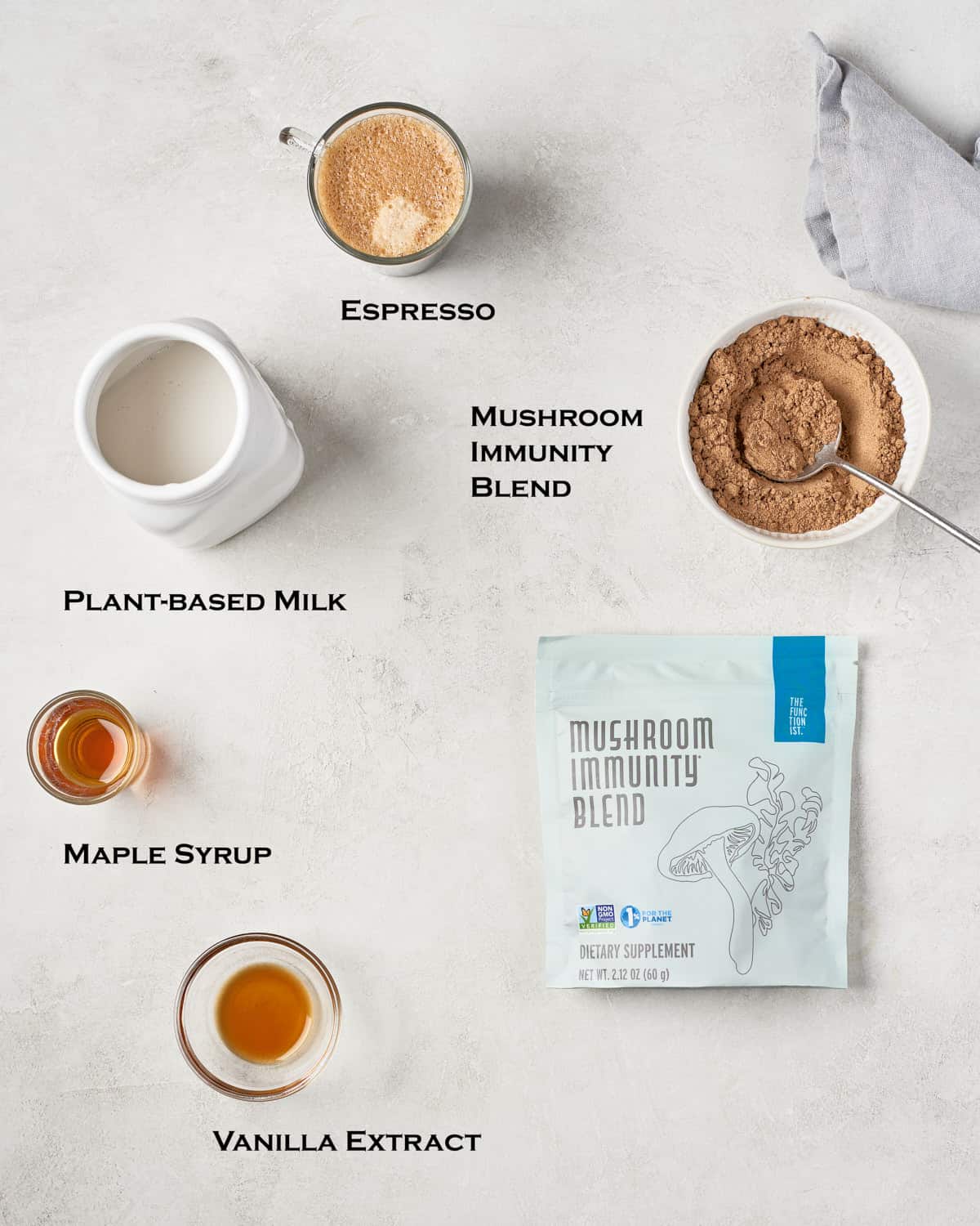 Overhead view of mushroom latte ingredients.