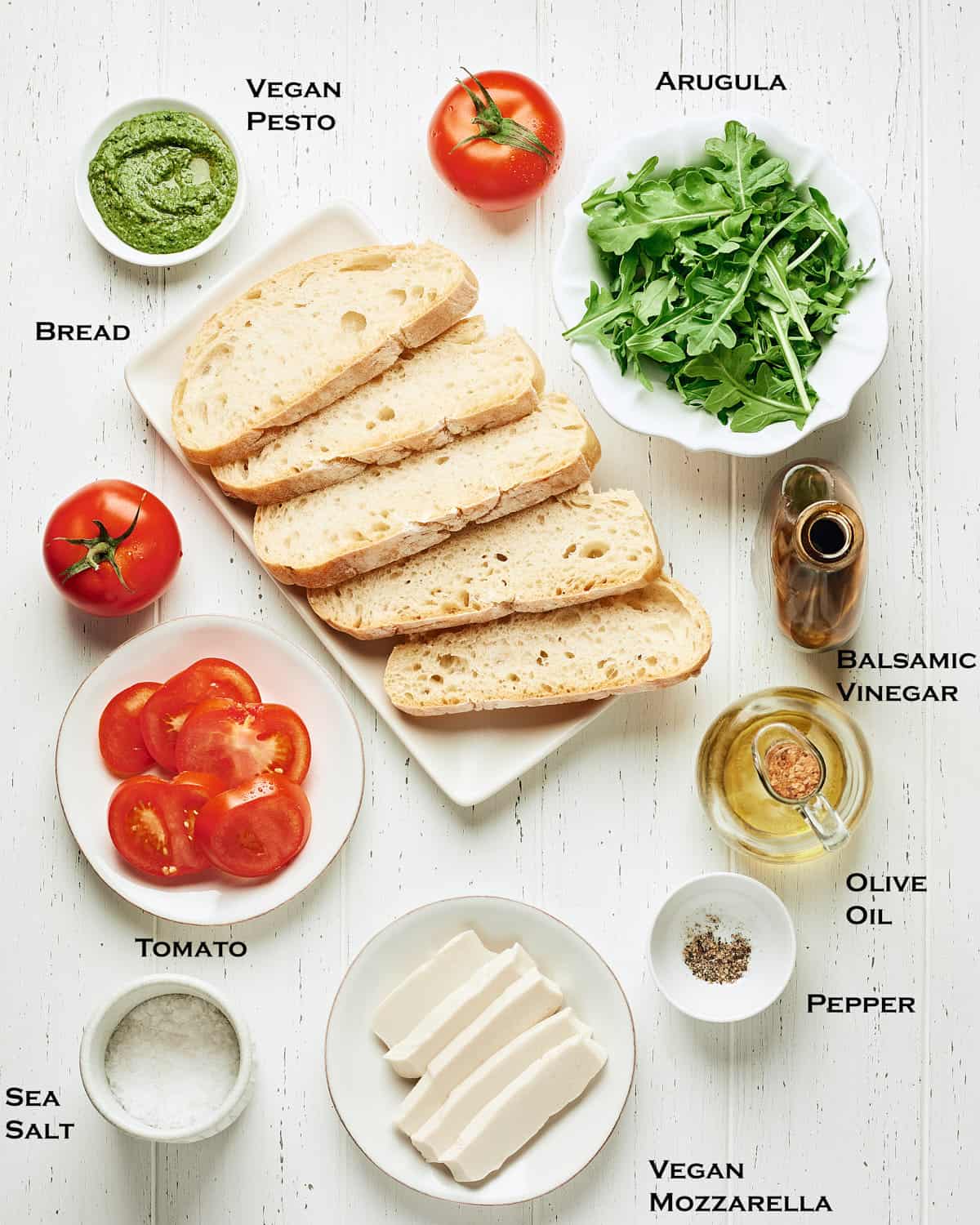 Overhead view of ingredients to make vegan caprese salad.