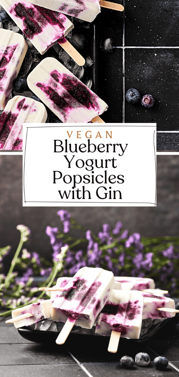 Pin for Boozy Blueberry Yogurt Popsicles with Gin on Resplendent Kitchen blog.