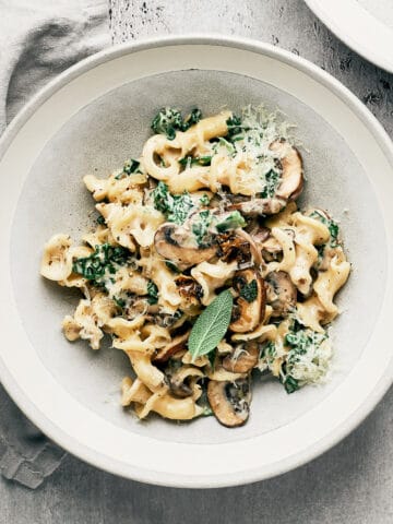 Overhead view of bowl of vegan creamy mushroom pasta.