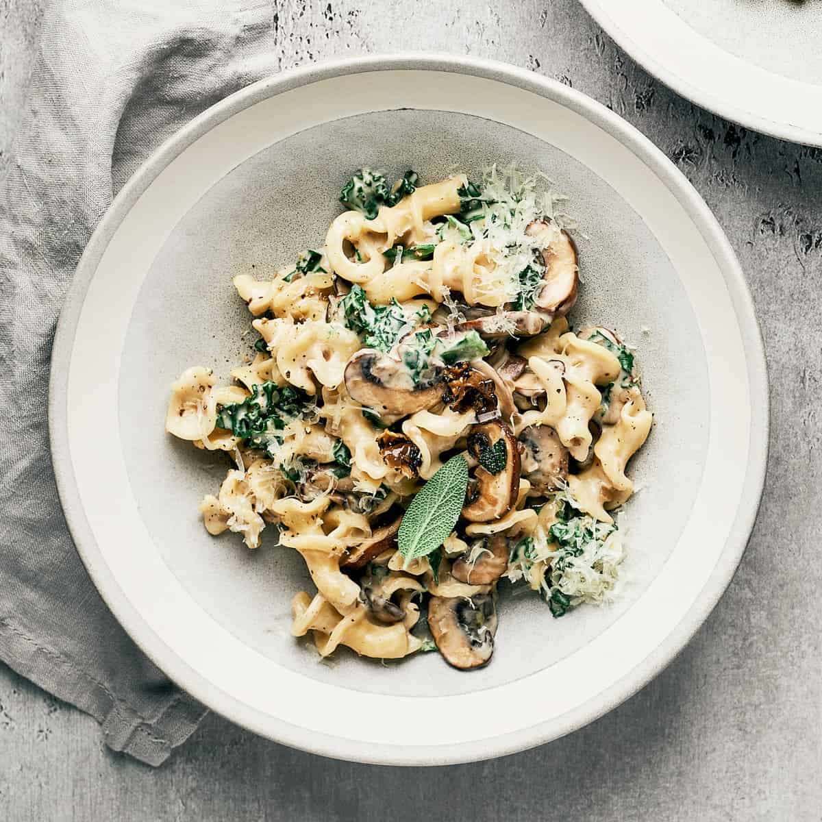 Overhead view of bowl of vegan creamy mushroom pasta.