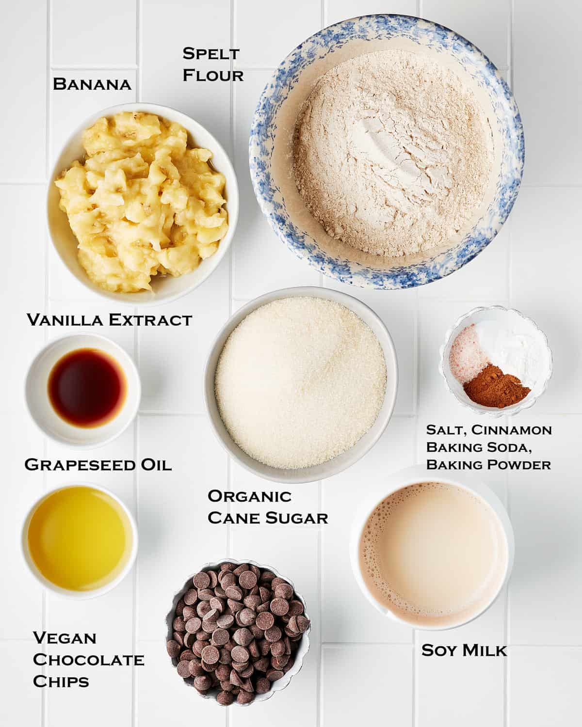 Overhead view of ingredients for vegan banana chocolate chip muffins ingredients.