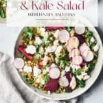 Pin for roasted beet and kale salad with lentils and leeks.