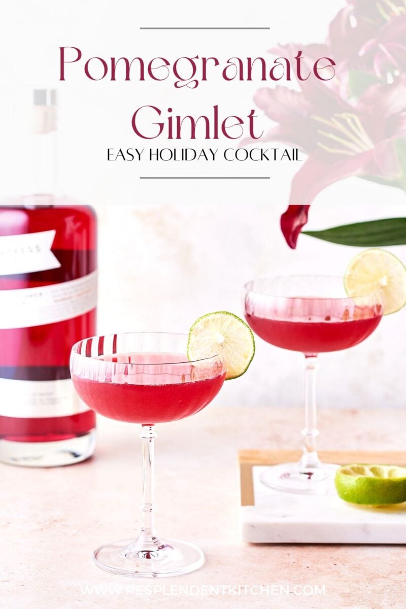 Pin for Pomegranate Gimlet Cocktail with Empress 1908 Elderflower Rose Gin.