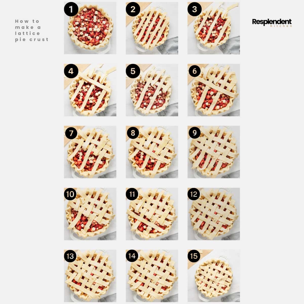 Collage of steps of how to make a lattice pie crust.