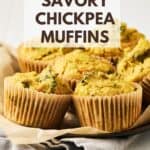 Pin for vegan savory chickpea muffins with broccoli.