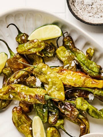Air Fryer Shishito Peppers with lime and salt.