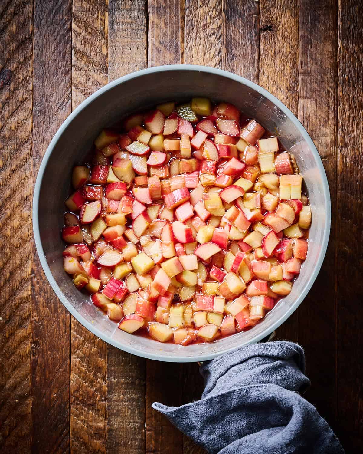Starting to cook rhubarb compote in a medium large saucepan.