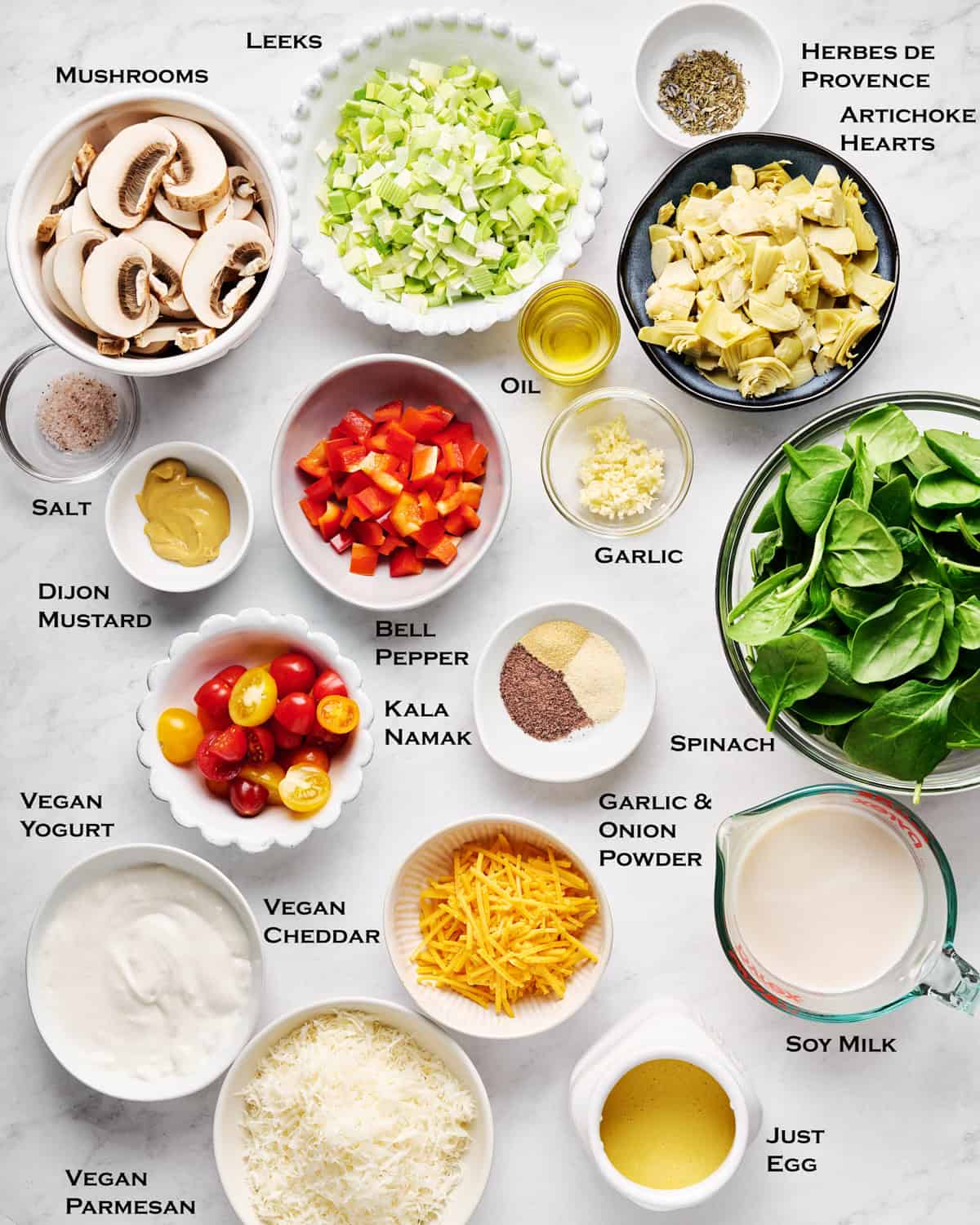 Ingredients to make JUST Egg Frittata with mushrooms and spinach.