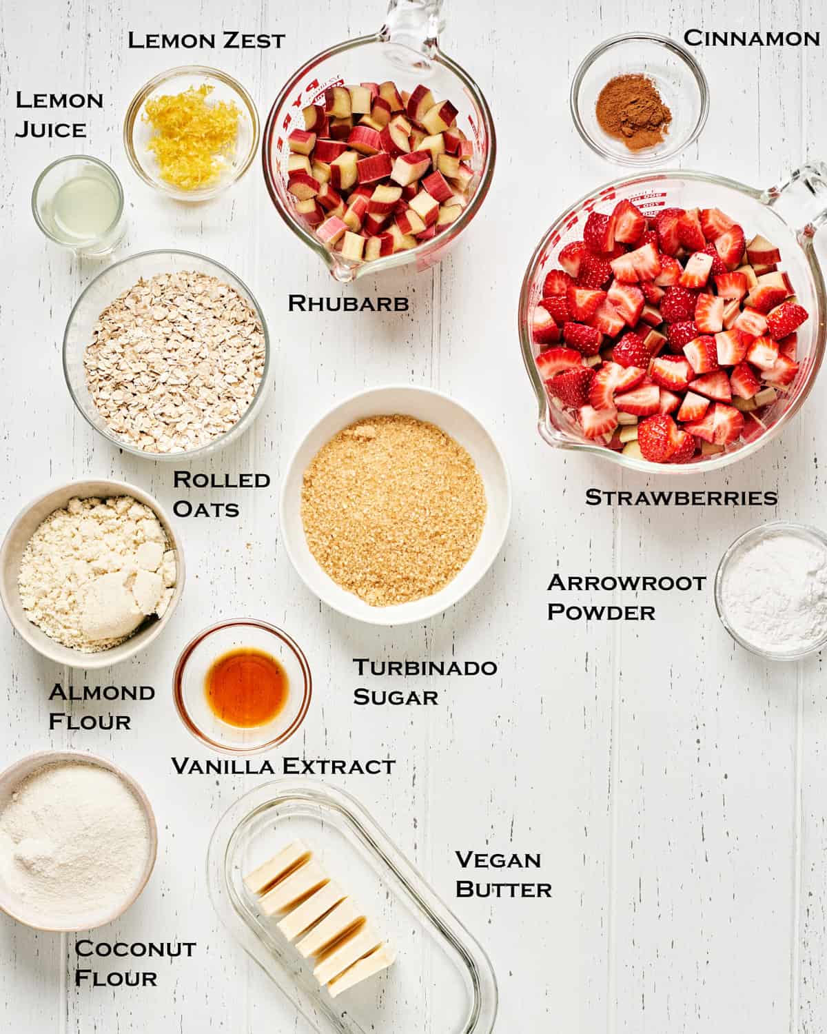 Ingredients to make vegan Strawberry Rhubarb Crisp (Gluten Free).