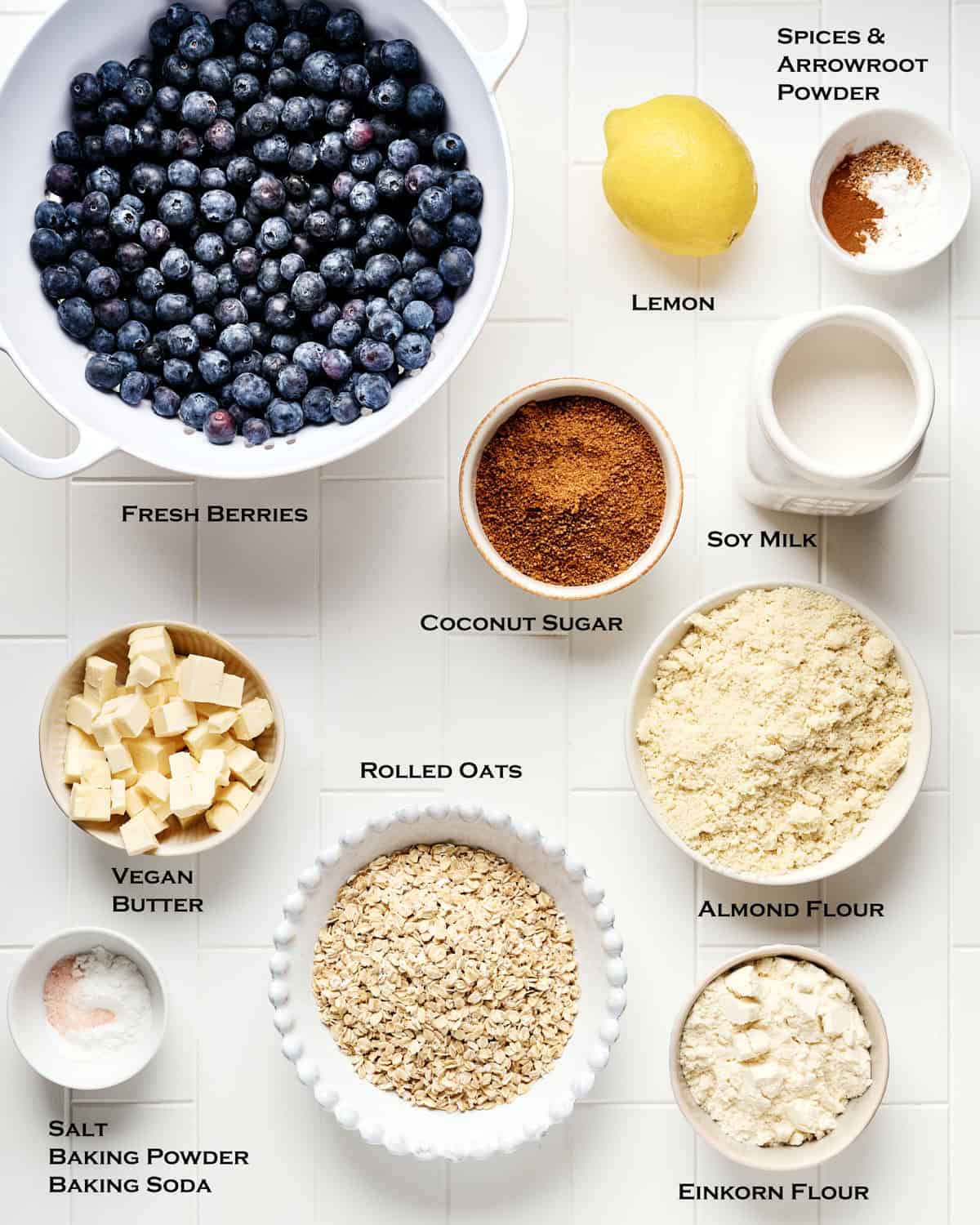 Ingredients to make Vegan Blueberry Cobbler with Blackberries.