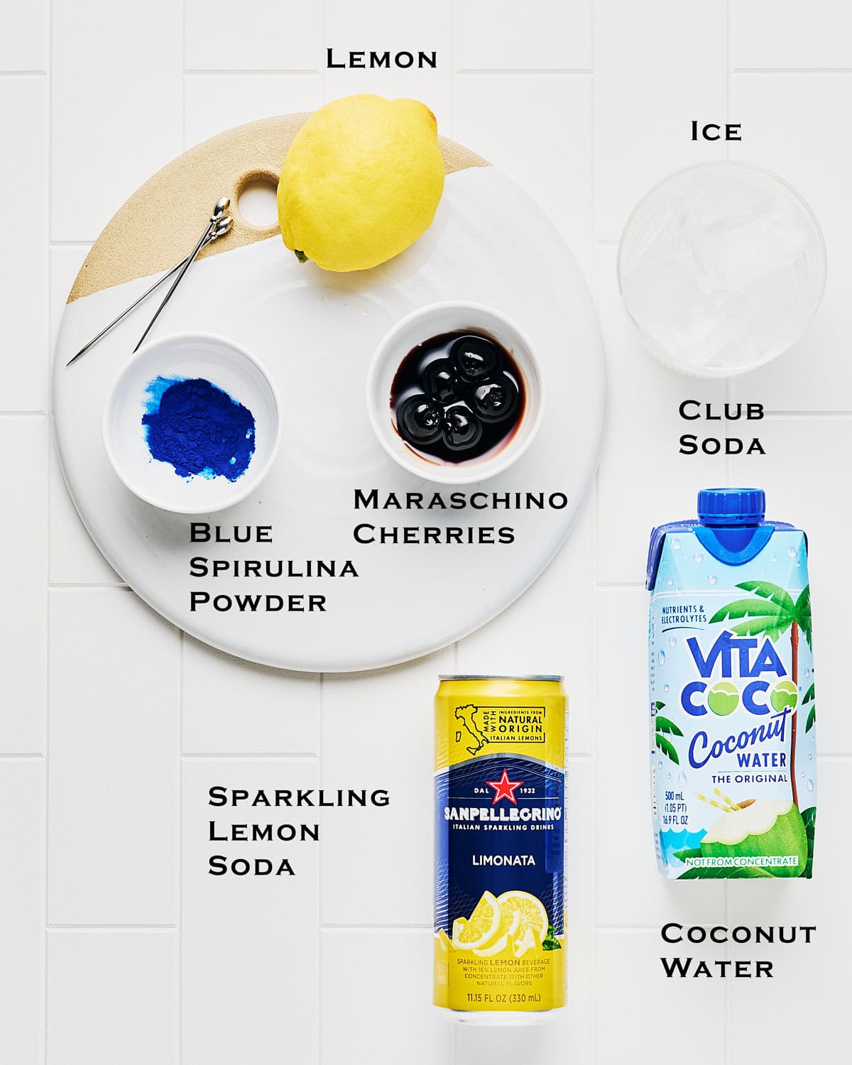 Ingredients to make a blue lagoon mocktail recipe.