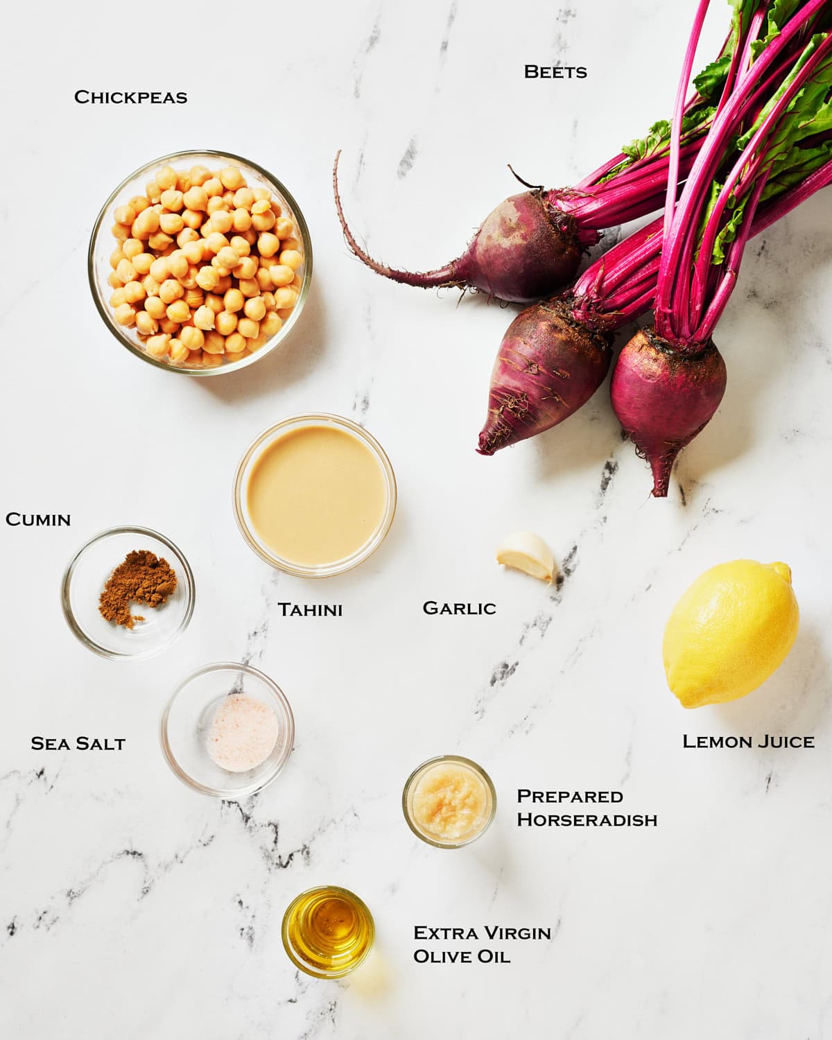 Ingredients for Pink Beetroot Hummus with Horseradish.