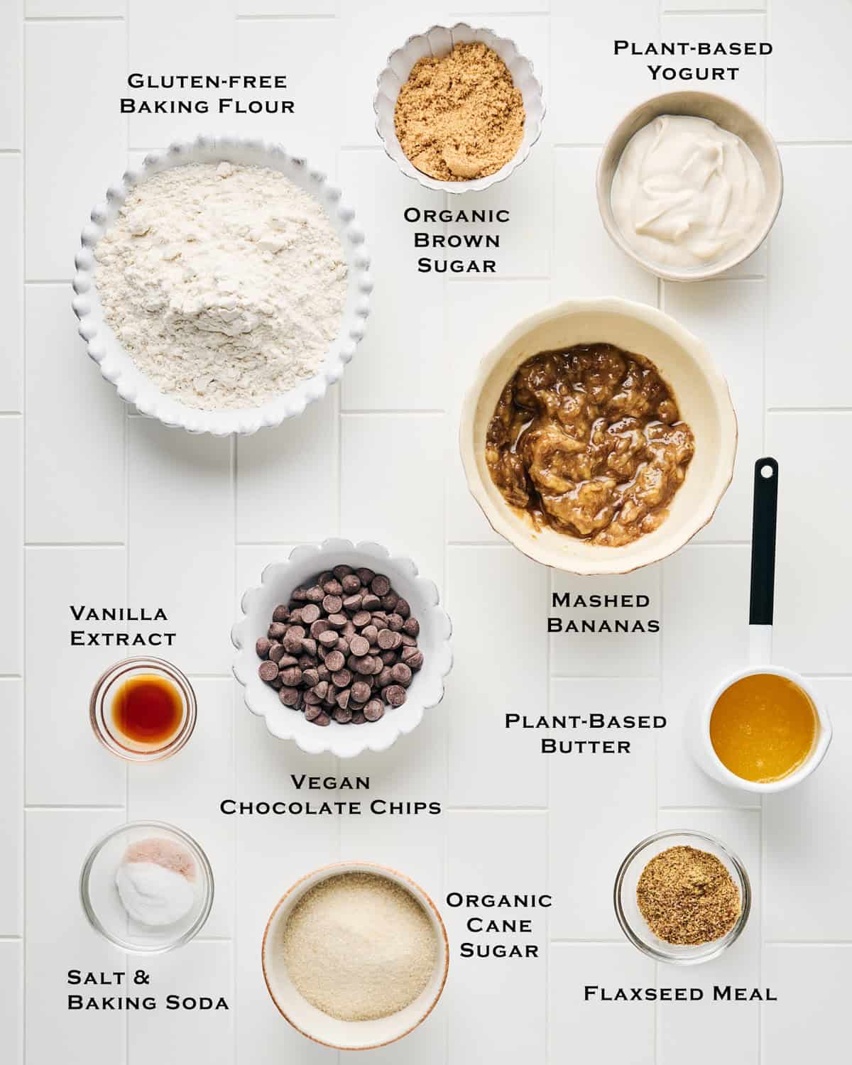Ingredients to make gluten free vegan banana bread with chocolate chips.