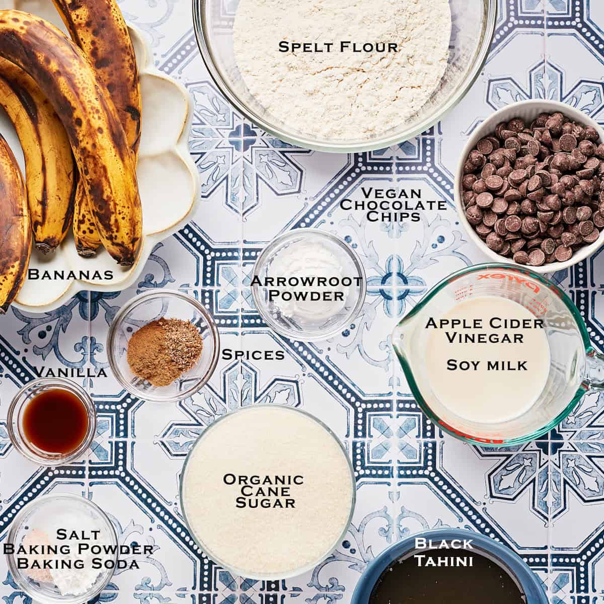 Ingredients to make Vegan Chocolate Tahini Banana Bread.