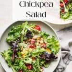 Pin for vegan chickpea quinoa salad with lemon tahini dressing.