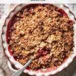 Pin for vegan strawberry rhubarb crisp, gluten free.