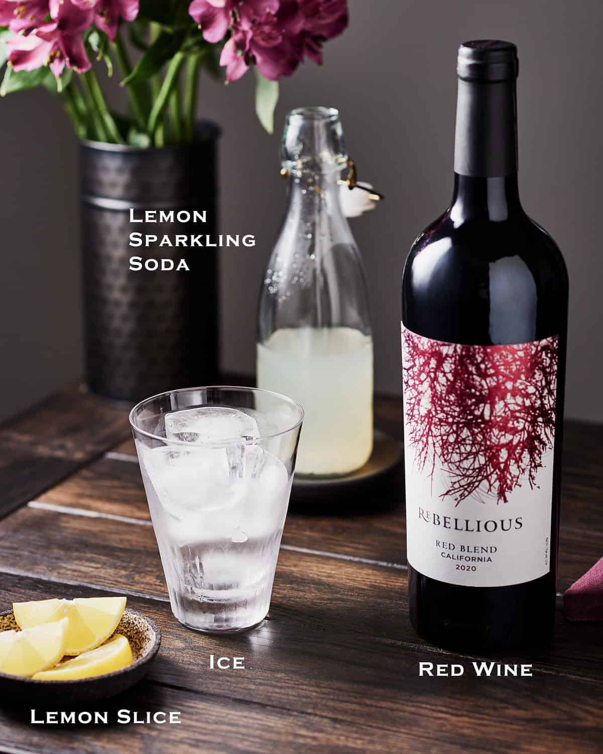 Ingredients to make Tinto de Verano recipe, a summer red wine spritzer.