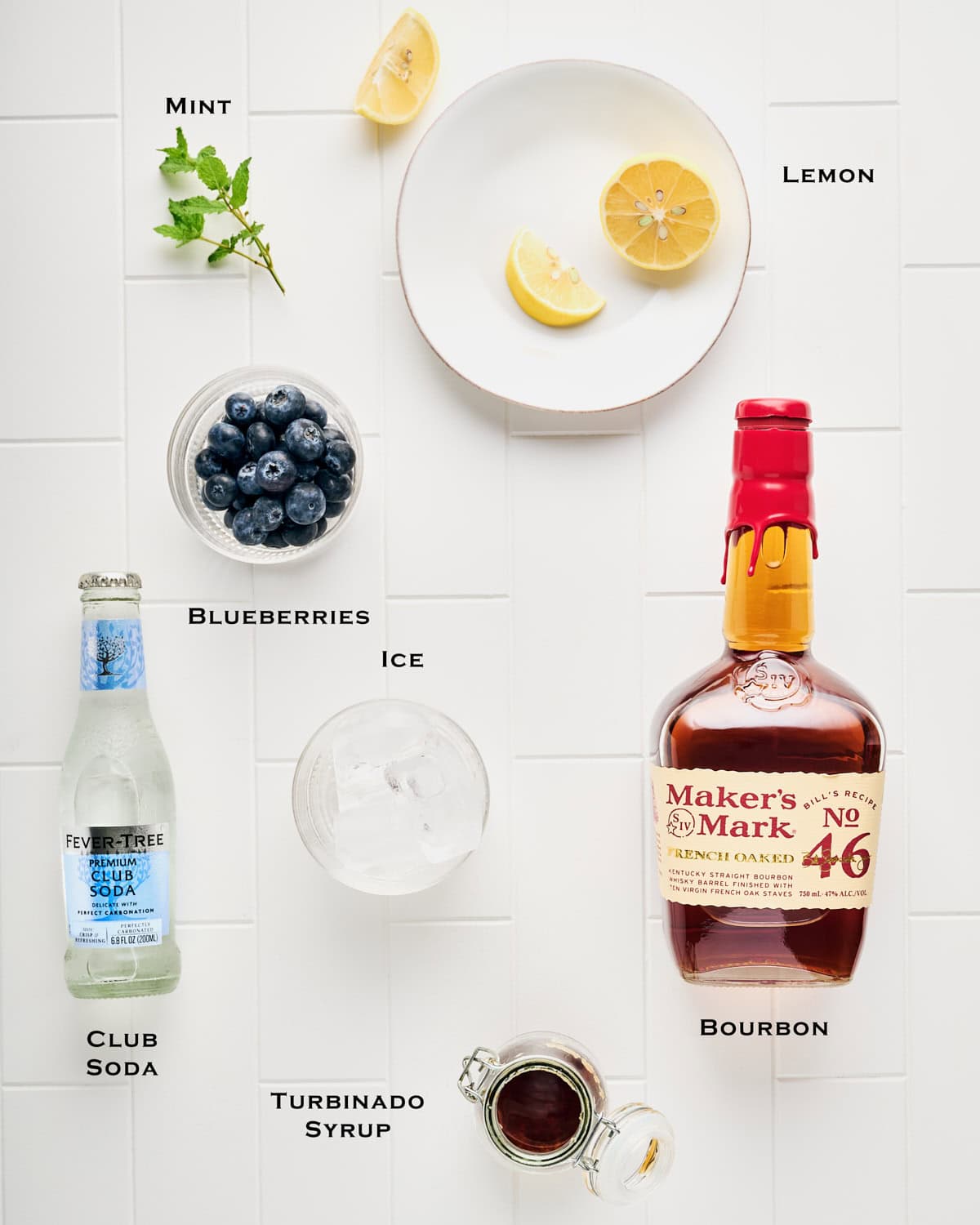 Ingredients to make Blueberry Bourbon Smash.