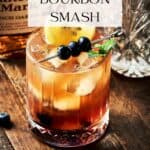 Pin for Blueberry Bourbon Smash cocktail on Resplendent Kitchen blog.