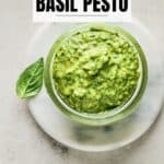 Pin for Vegan Basil Pesto recipe with pine nuts on Resplendent Kitchen blog.
